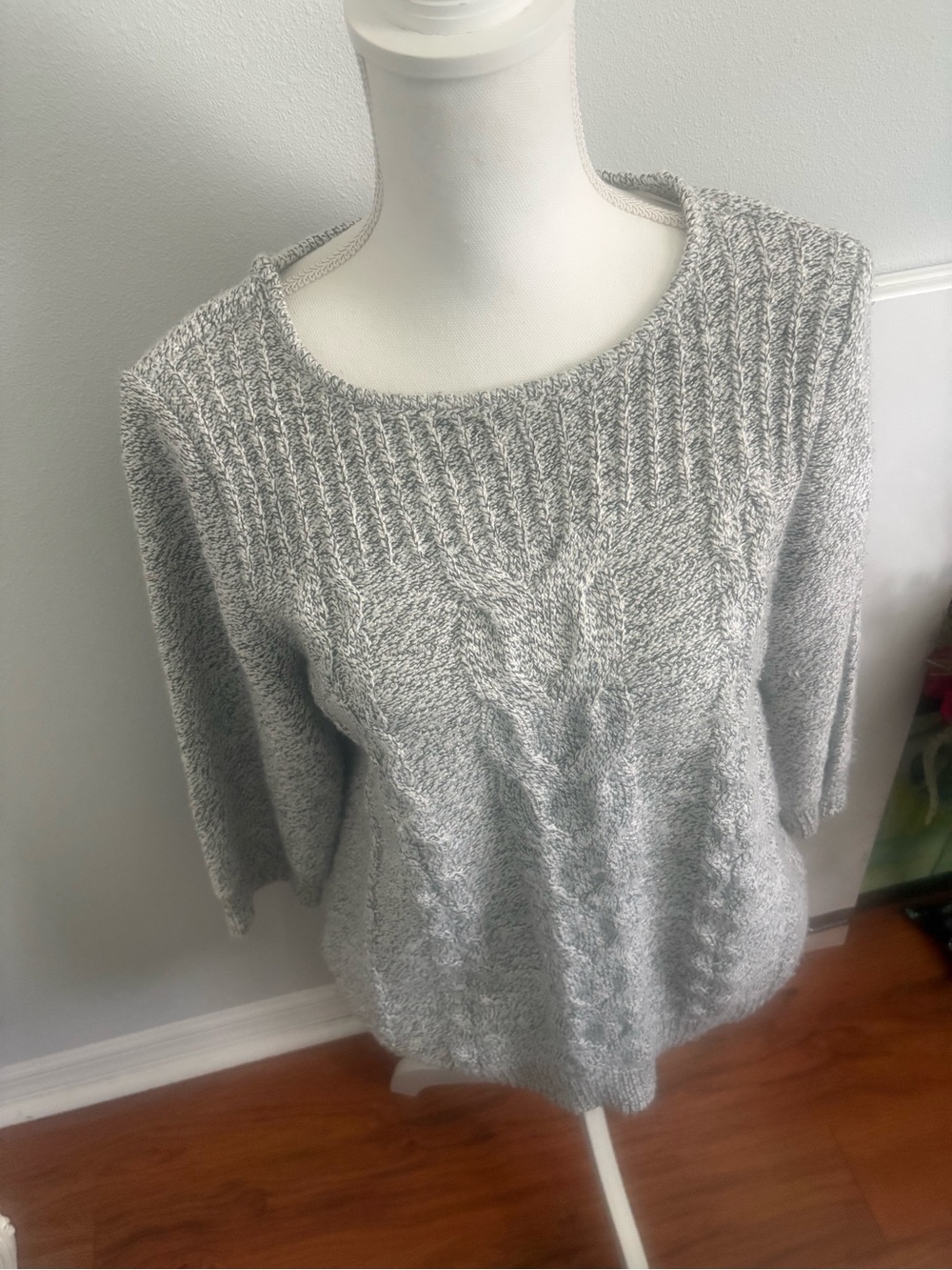 Karen Scott Heather Gray Cable Knit Scoop Neck Sweater